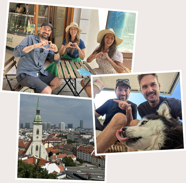 felt and heard moment a group of friends making a heart sign with their hands and a skyline showing Bratislava, another images show two white men with black tshirts smiling and a husky dog
