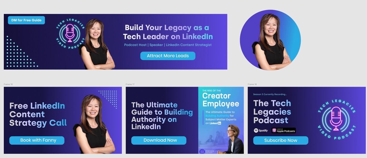 linkedin banner fanny visual designs of LinkedIn branding for banner and cta sections in a modern and clean style